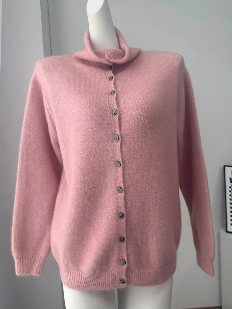 Mock Neck Button-Down Fuzzy Knit Cardigan
