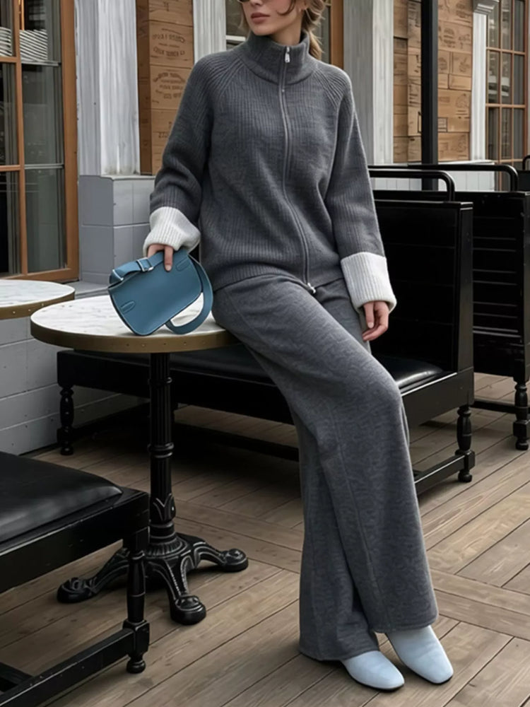 Zip-Up Contrast Cuff Cardigan and Pants Sweater Set