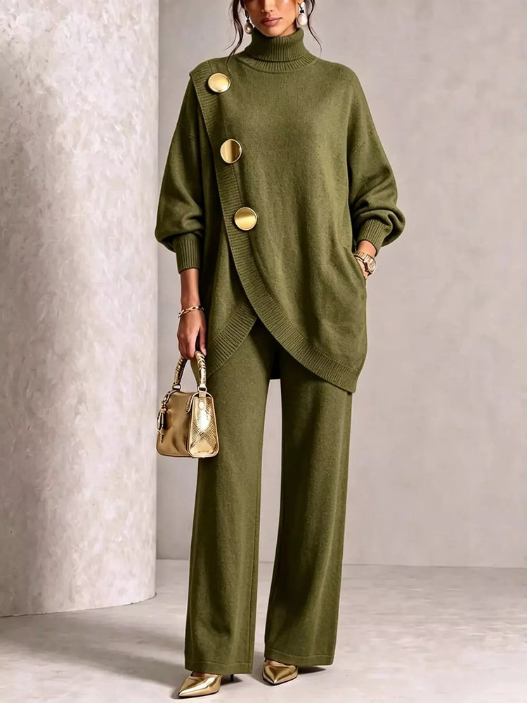 Gold Button Accent Turtleneck Sweater and Pants Set