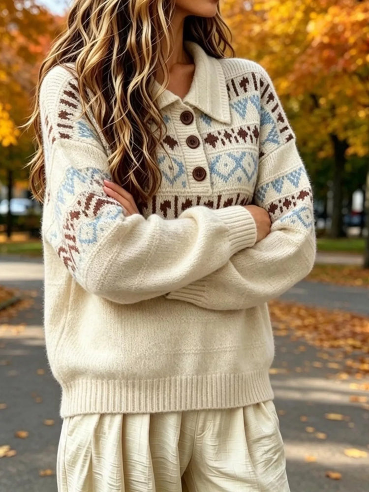 Full Size Vintage Fair Isle Pattern Polo Collar Sweater Plus Size