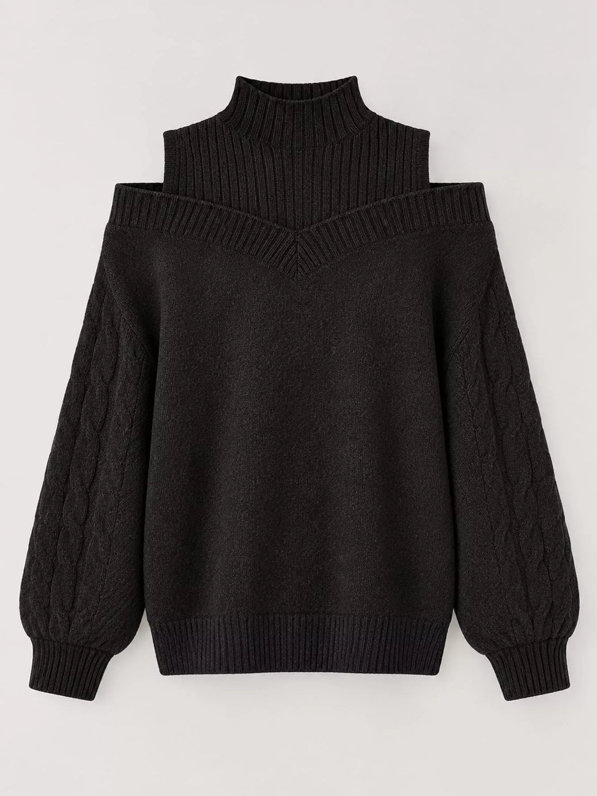 Full Size Cold Shoulder Mock Neck Cable Knit Sweater Plus Size
