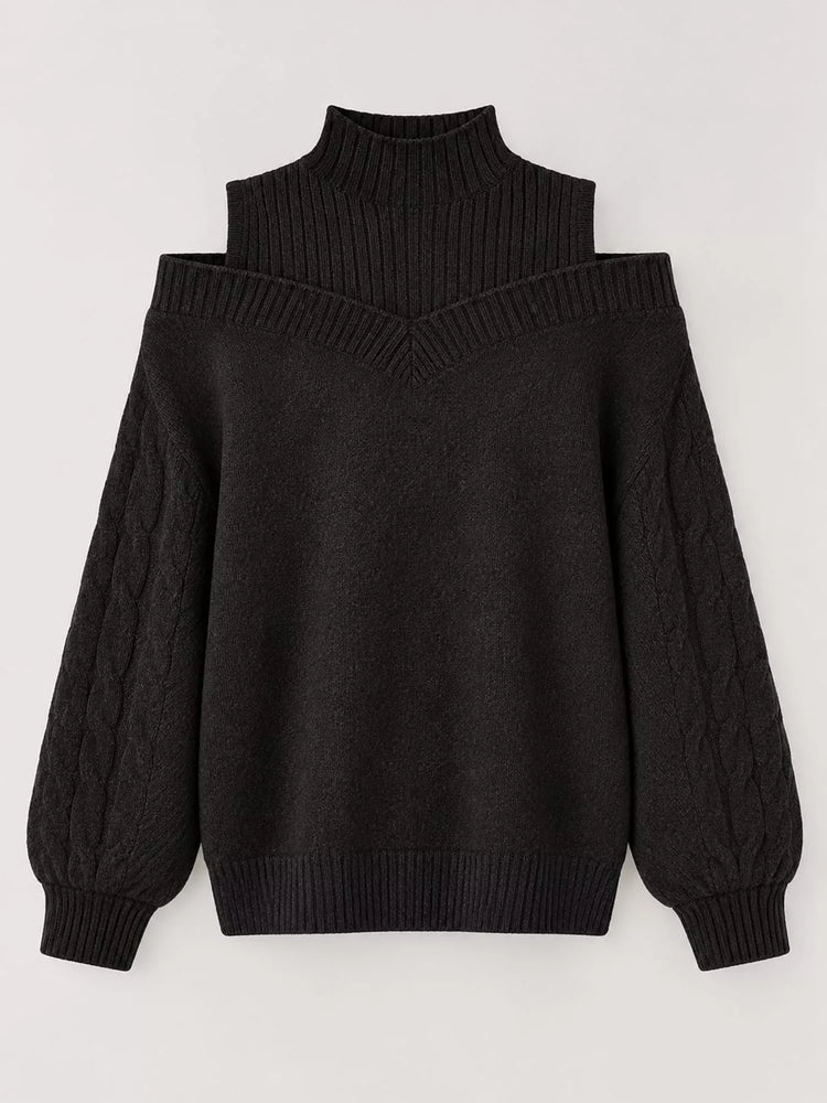 Full Size Cold Shoulder Mock Neck Cable Knit Sweater Plus Size
