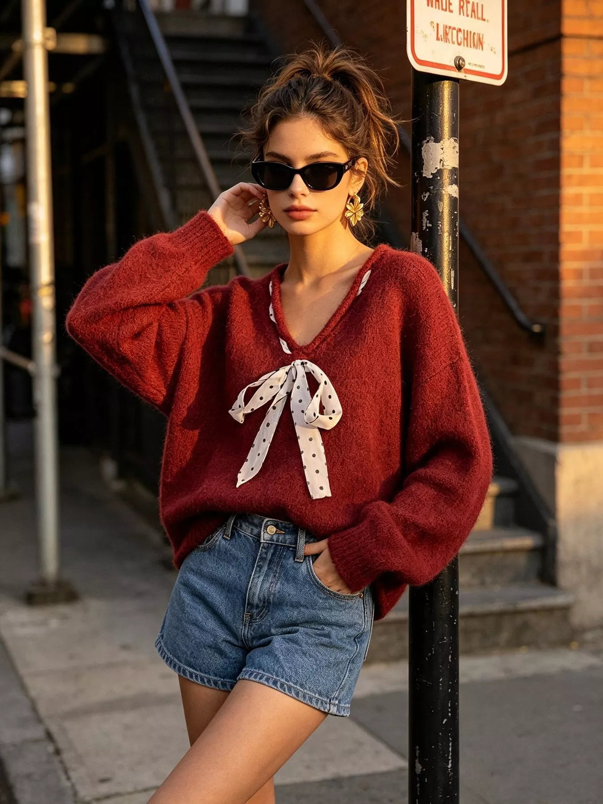 Chic V-Neck Sweater with Polka Dot Ribbon Tie