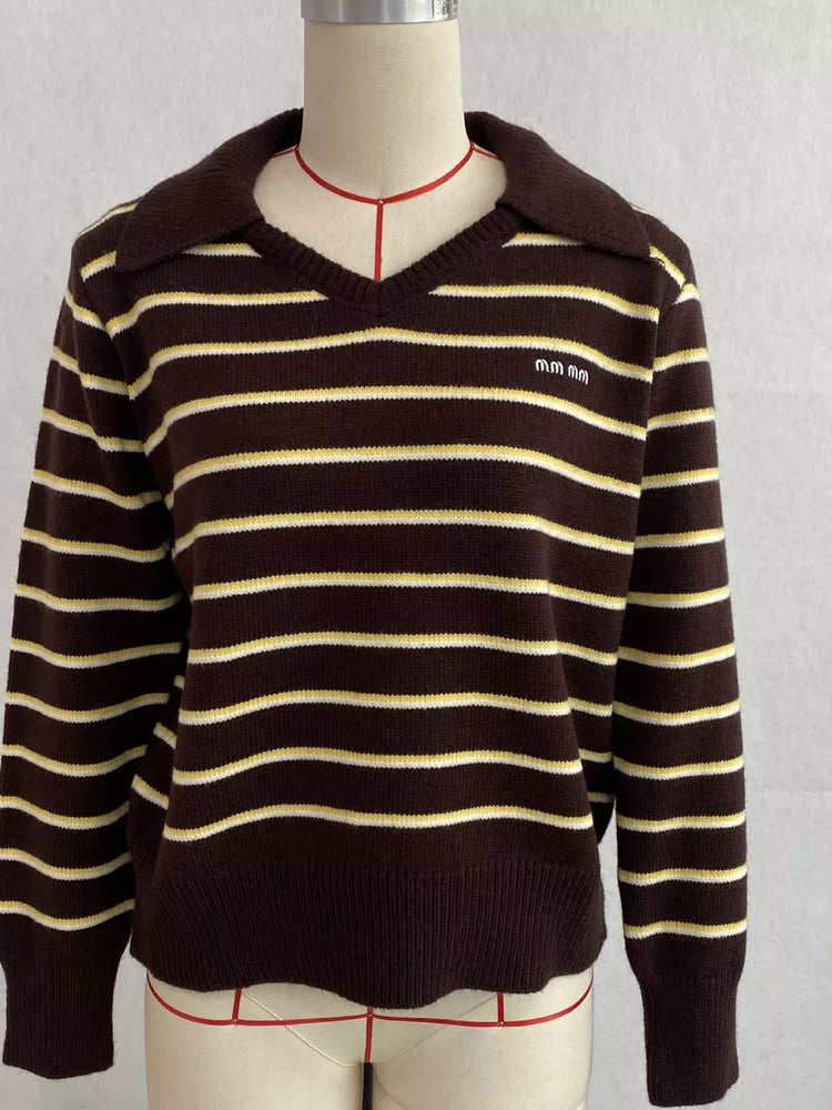 Vintage Striped Polo Collar Sweater