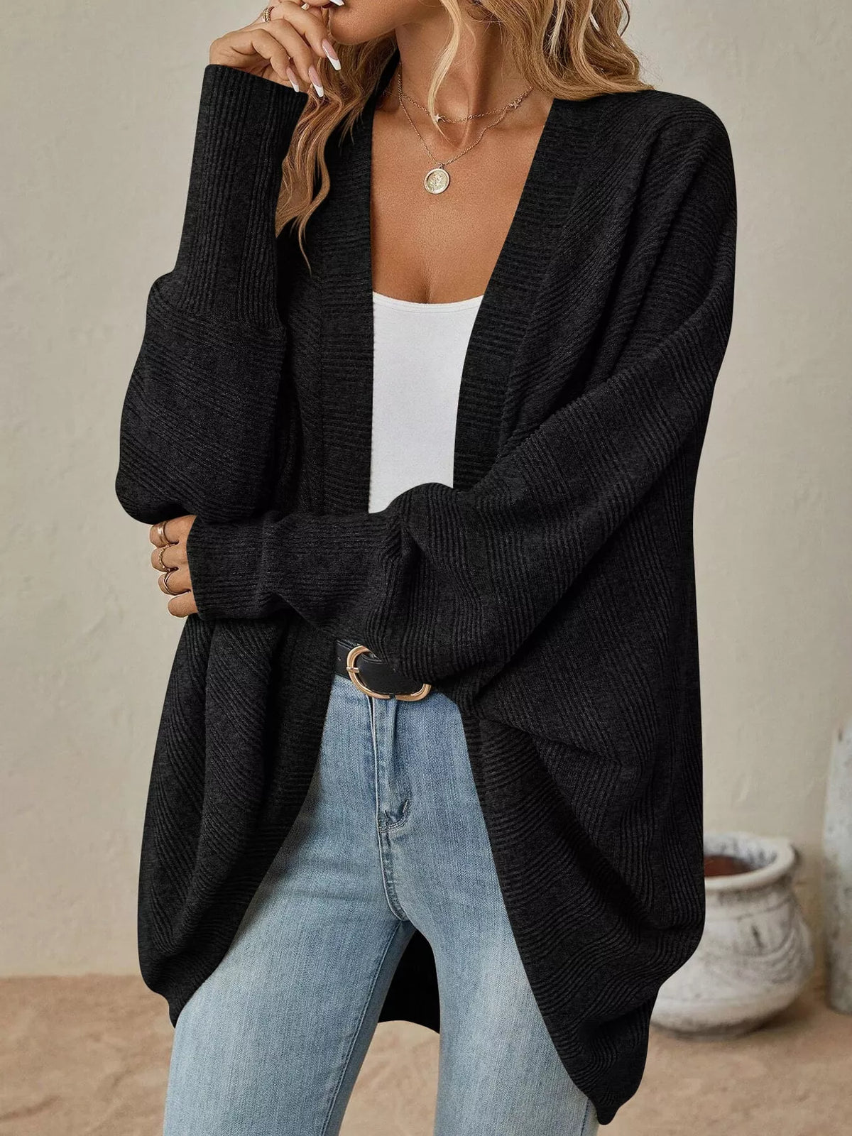 Casual Open Front Batwing Sleeve Ribbed Knit Cardigan