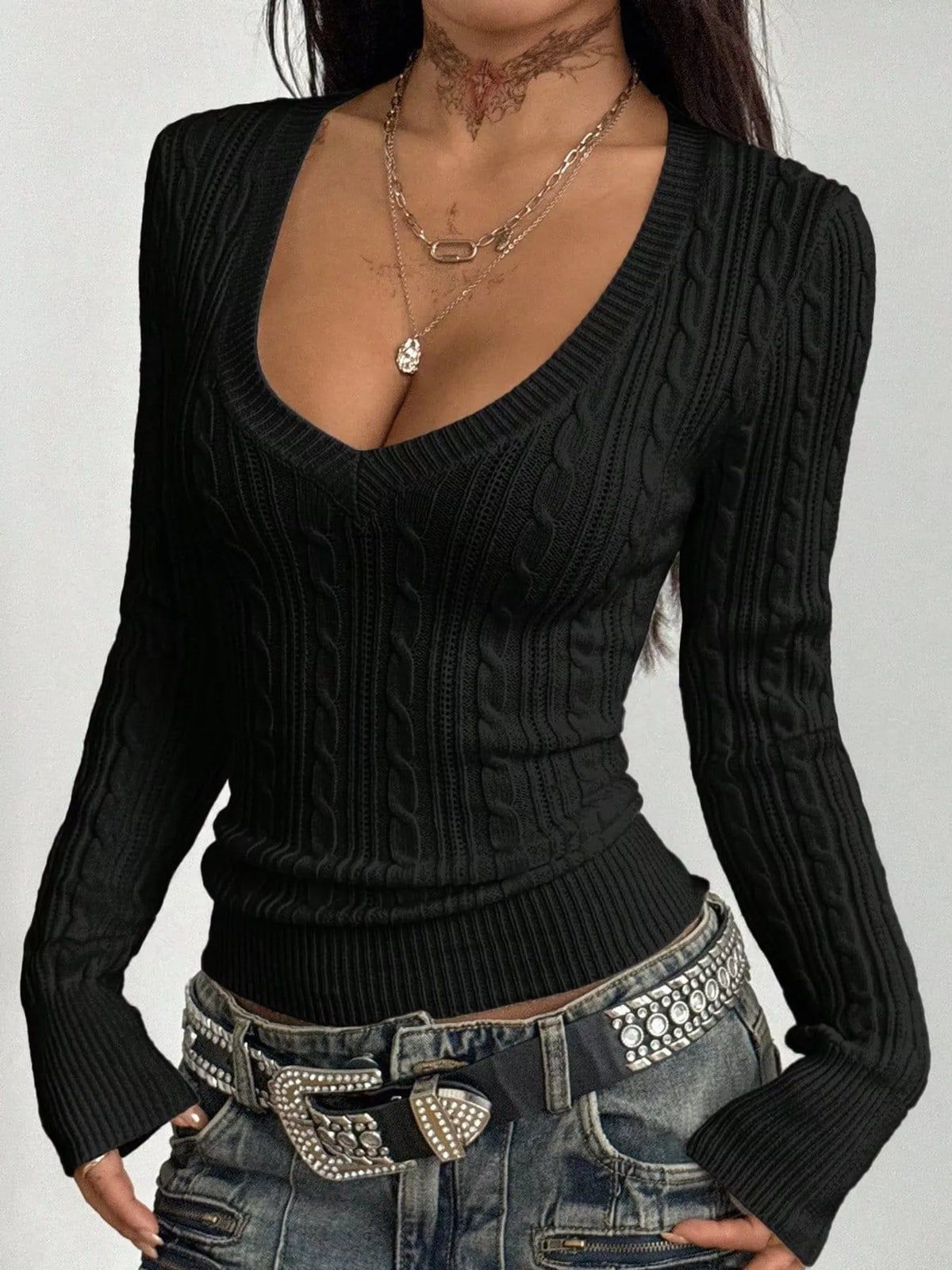 Slim-Fit Deep V-Neck Cable Knit Sweater