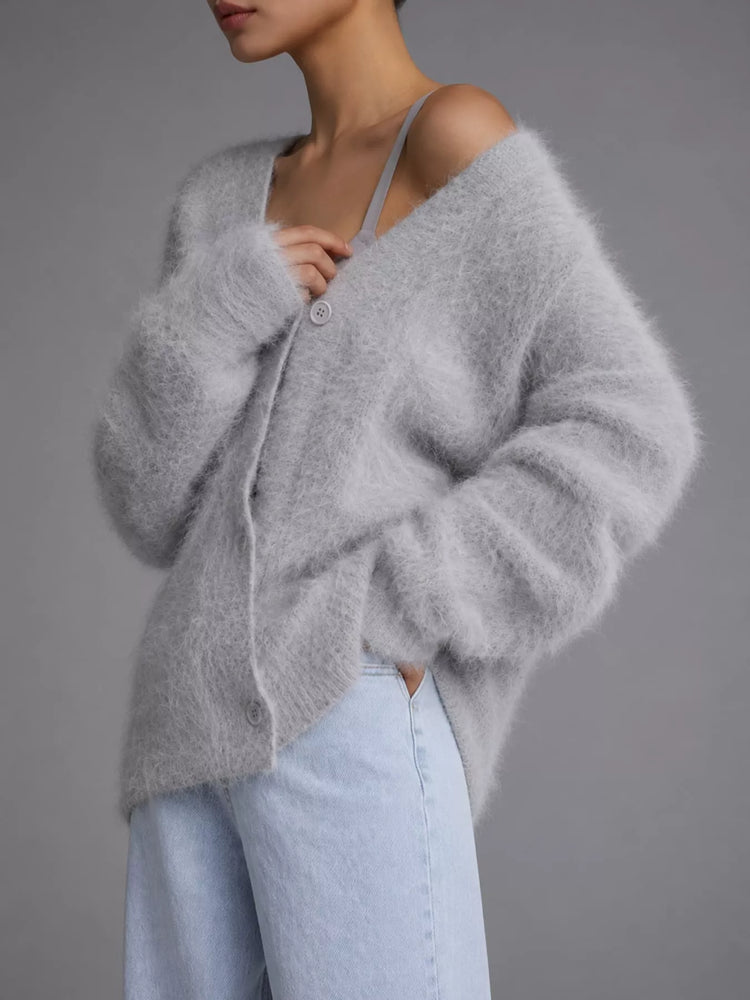 Fuzzy V-Neck Button-Down Cardigan