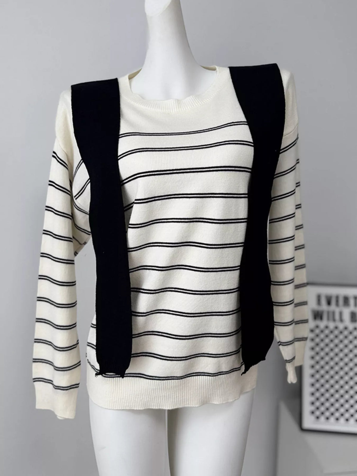 Classic Striped Crewneck Knit Top with Layered Sweater Detail