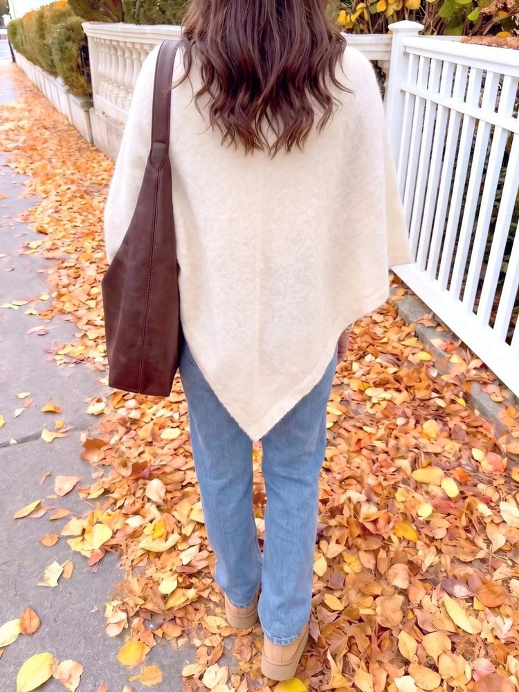 Brushed Loose Shawl Round-Neck Cape Sweater with Bat Sleeves