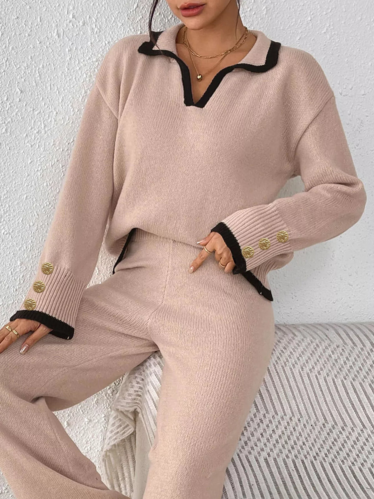 Contrast Trim Polo Collar Sweater