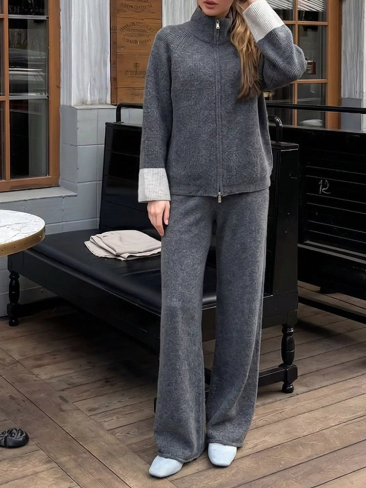 Zip-Up Contrast Cuff Cardigan and Pants Sweater Set
