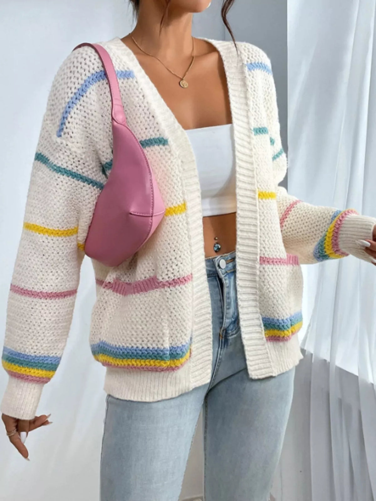 Striped Open Front Knit Cardigan