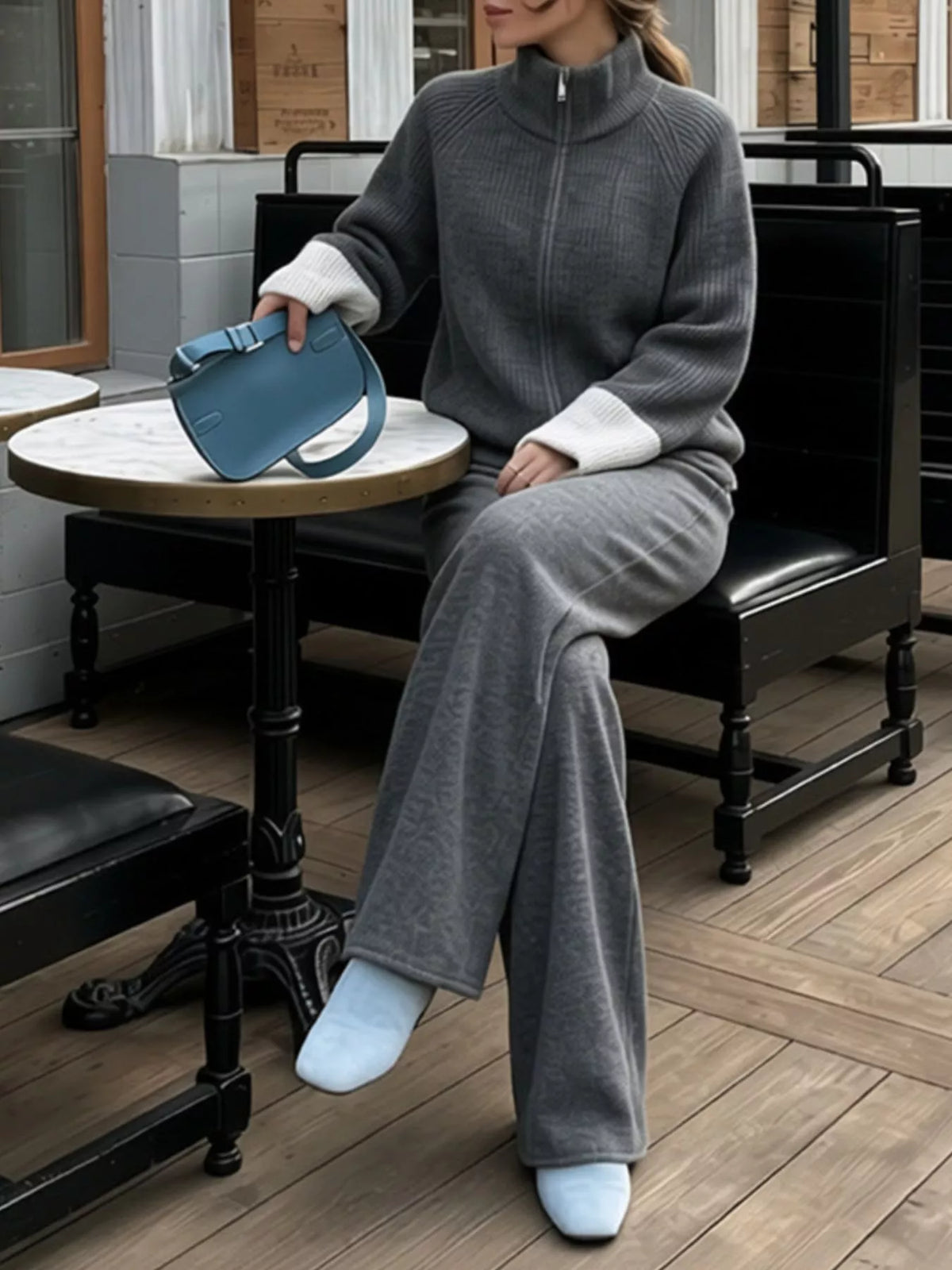 Zip-Up Contrast Cuff Cardigan and Pants Sweater Set