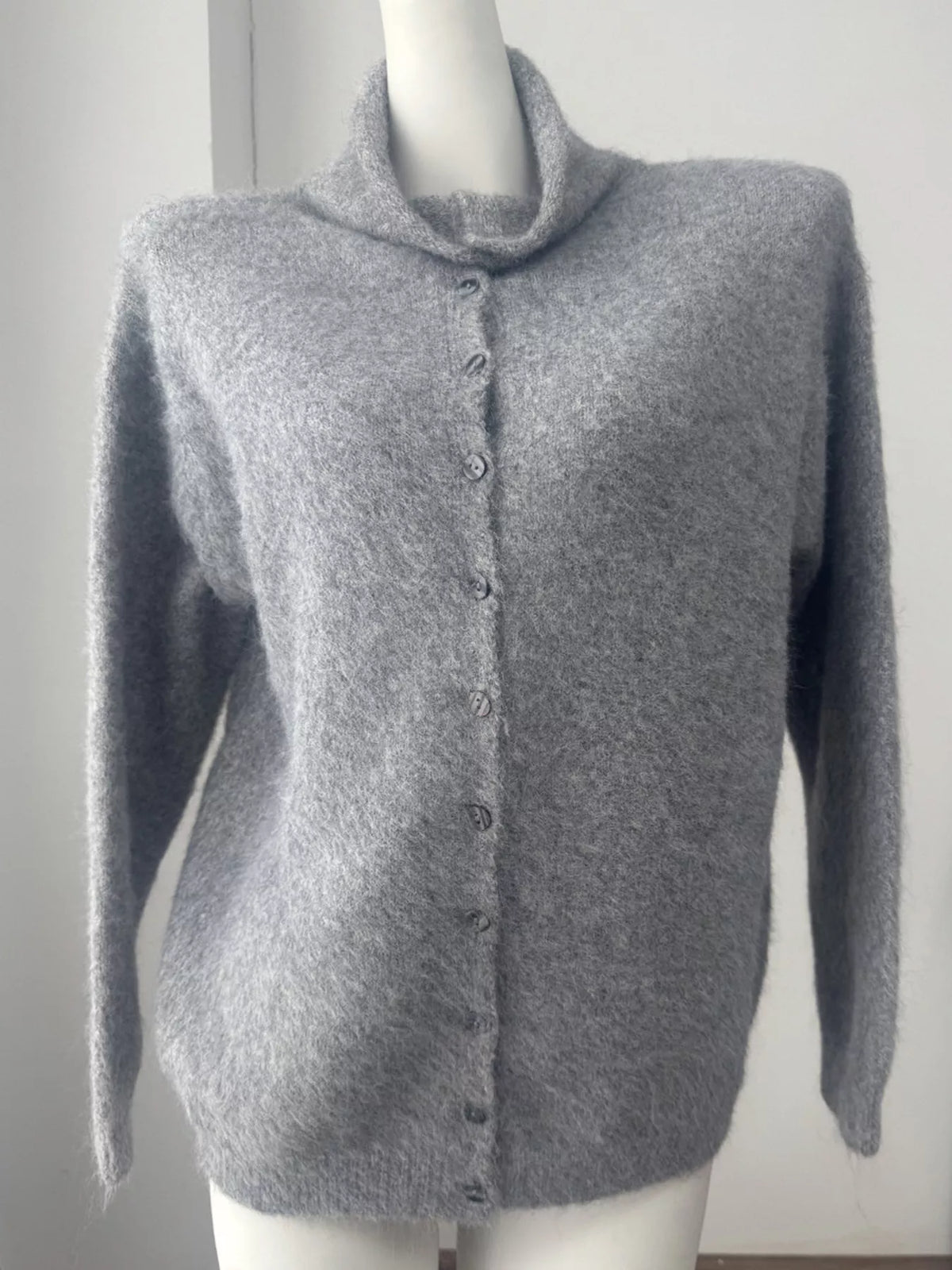 Mock Neck Button-Down Fuzzy Knit Cardigan