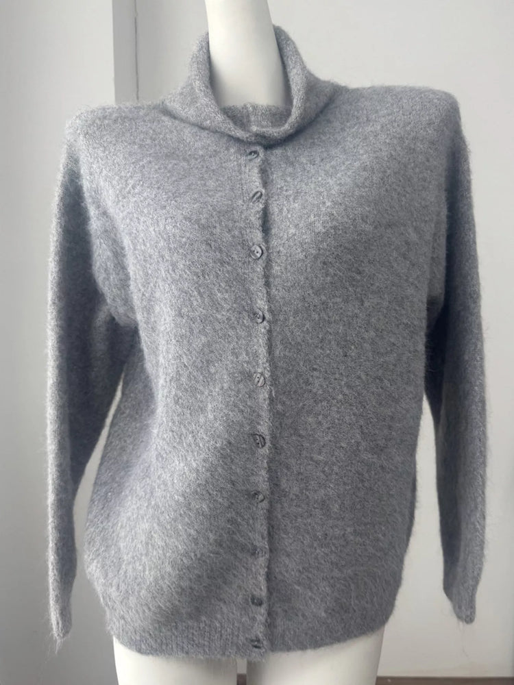 Mock Neck Button-Down Fuzzy Knit Cardigan