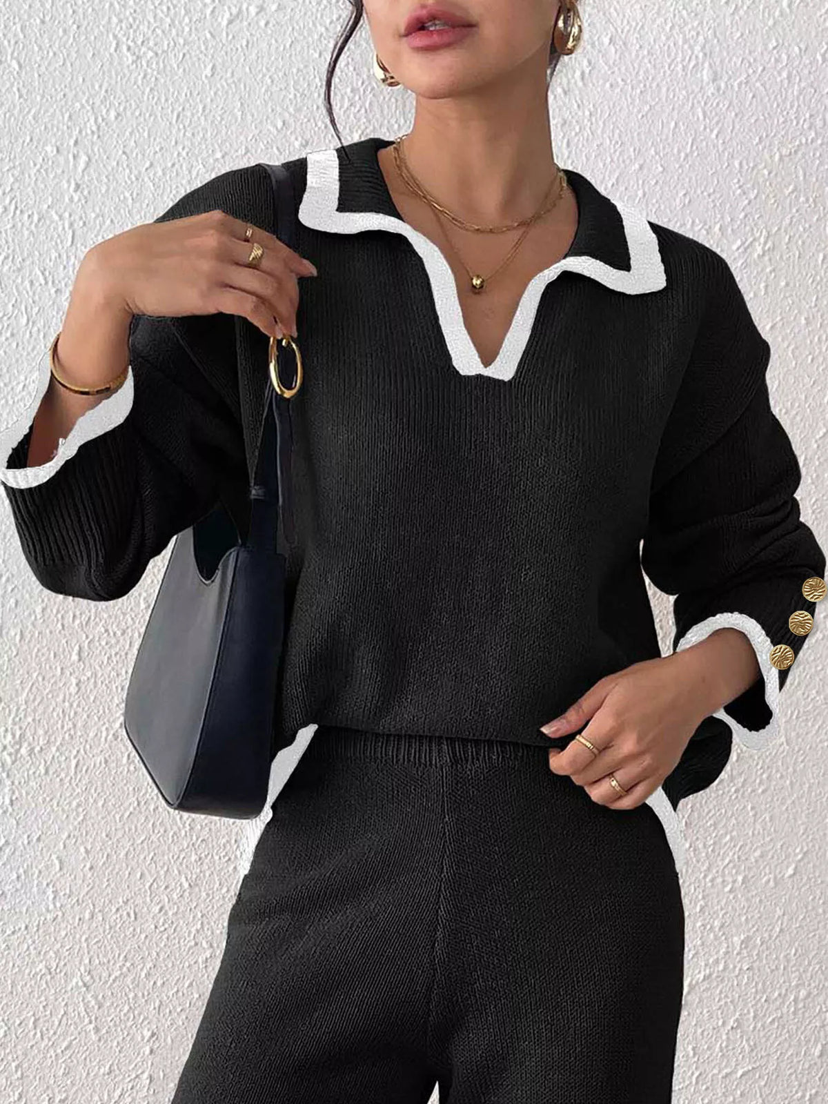 Contrast Trim Polo Collar Sweater
