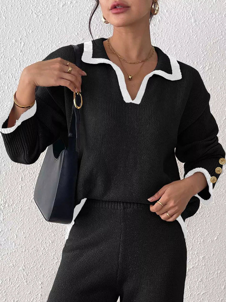 Contrast Trim Polo Collar Sweater
