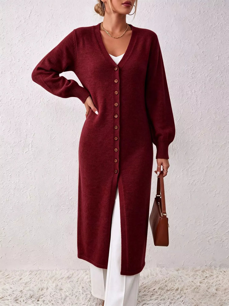 Elegant Longline Button-Front Cardigan with Lantern Sleeves