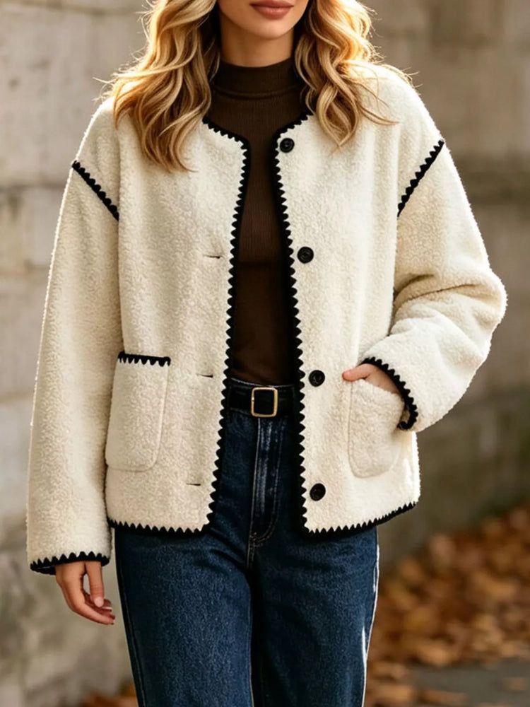 Faux Shearling Contrast Trim Button-Down Outerwear