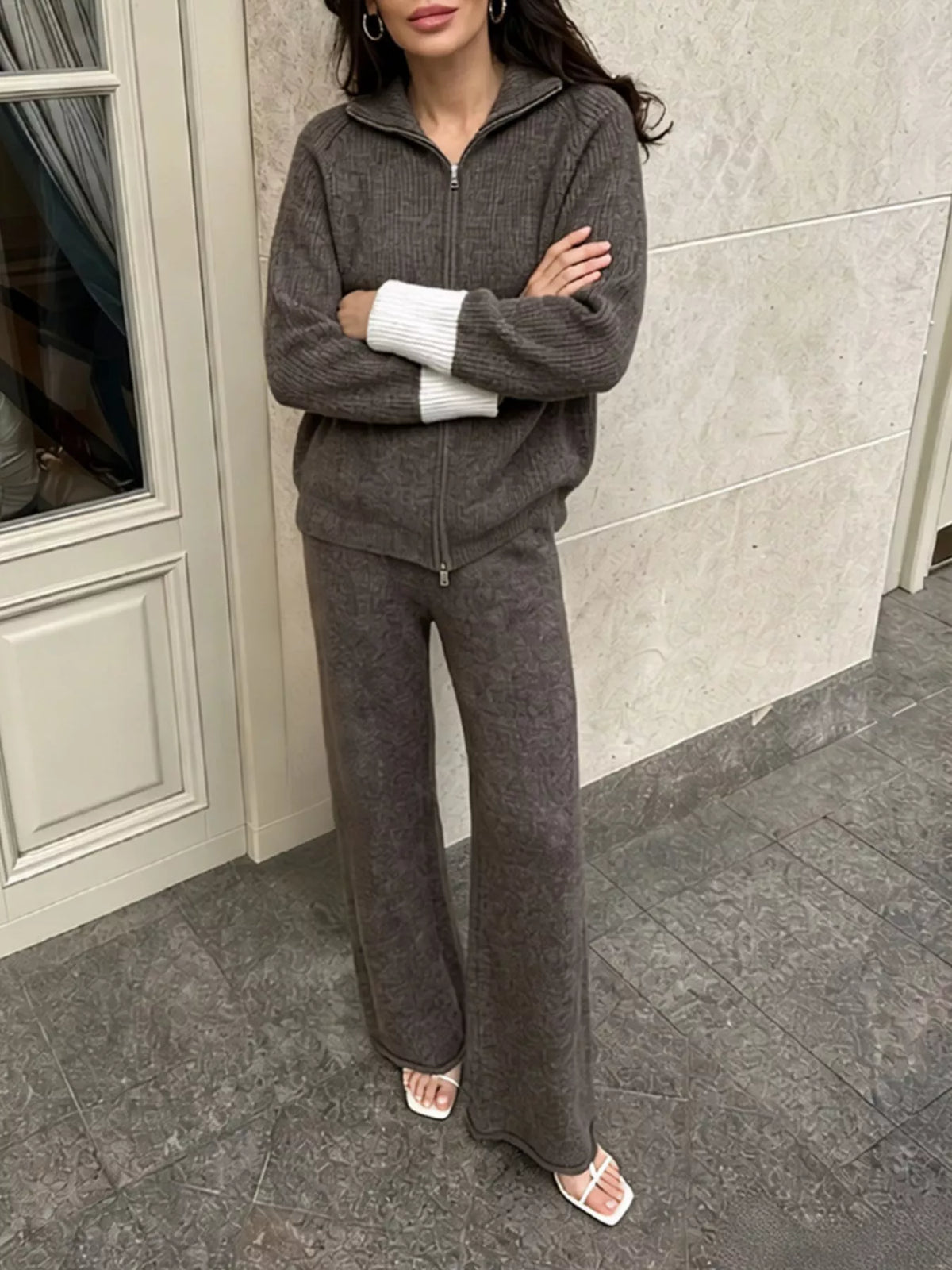 Zip-Up Contrast Cuff Cardigan and Pants Sweater Set