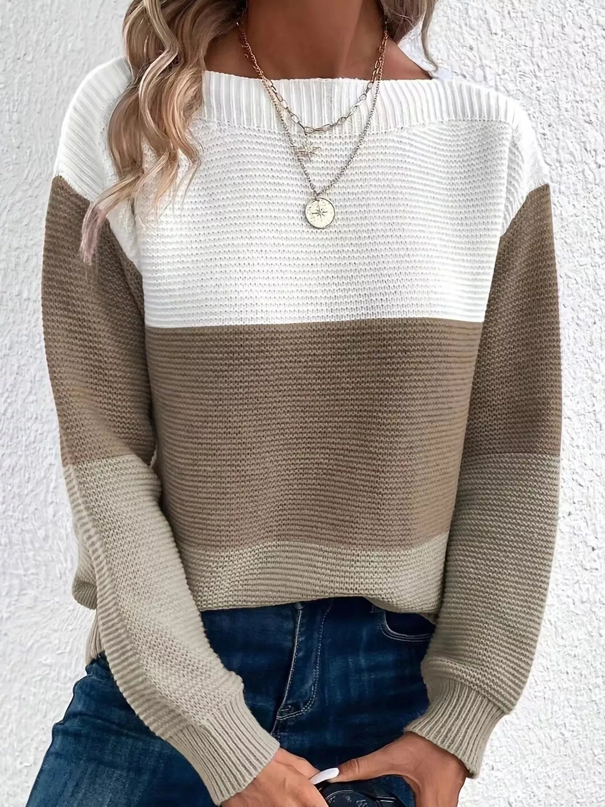 Full Size Color-Block Boat Neck Sweater Plus Size
