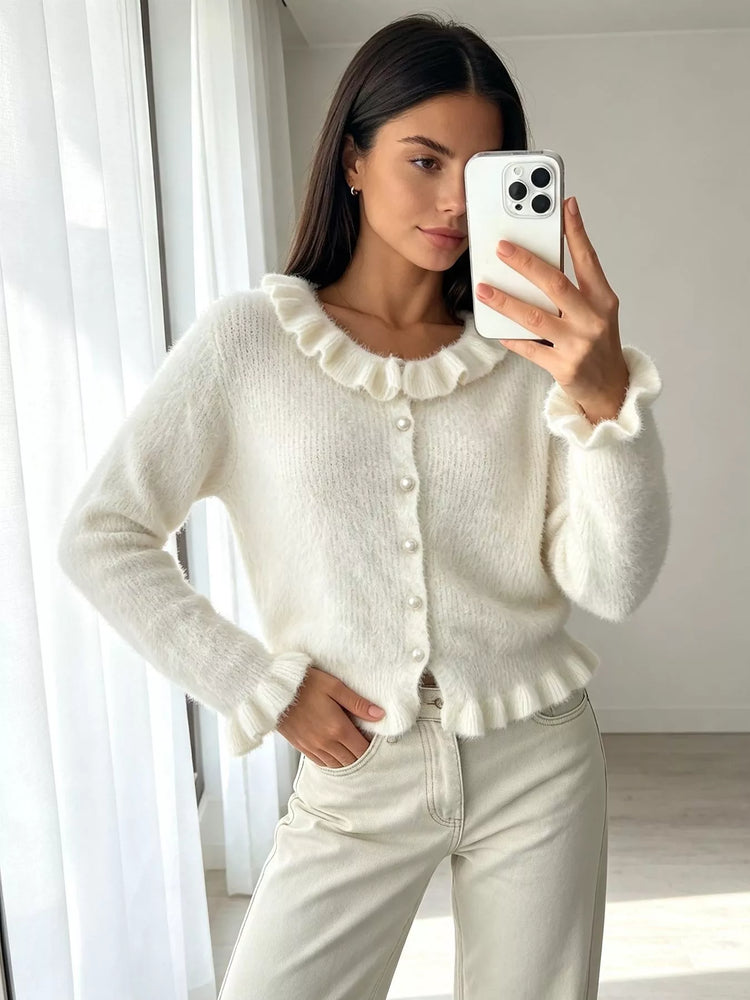 Soft Fuzzy Cardigan with Ruffled Collar and Pearl Buttons
