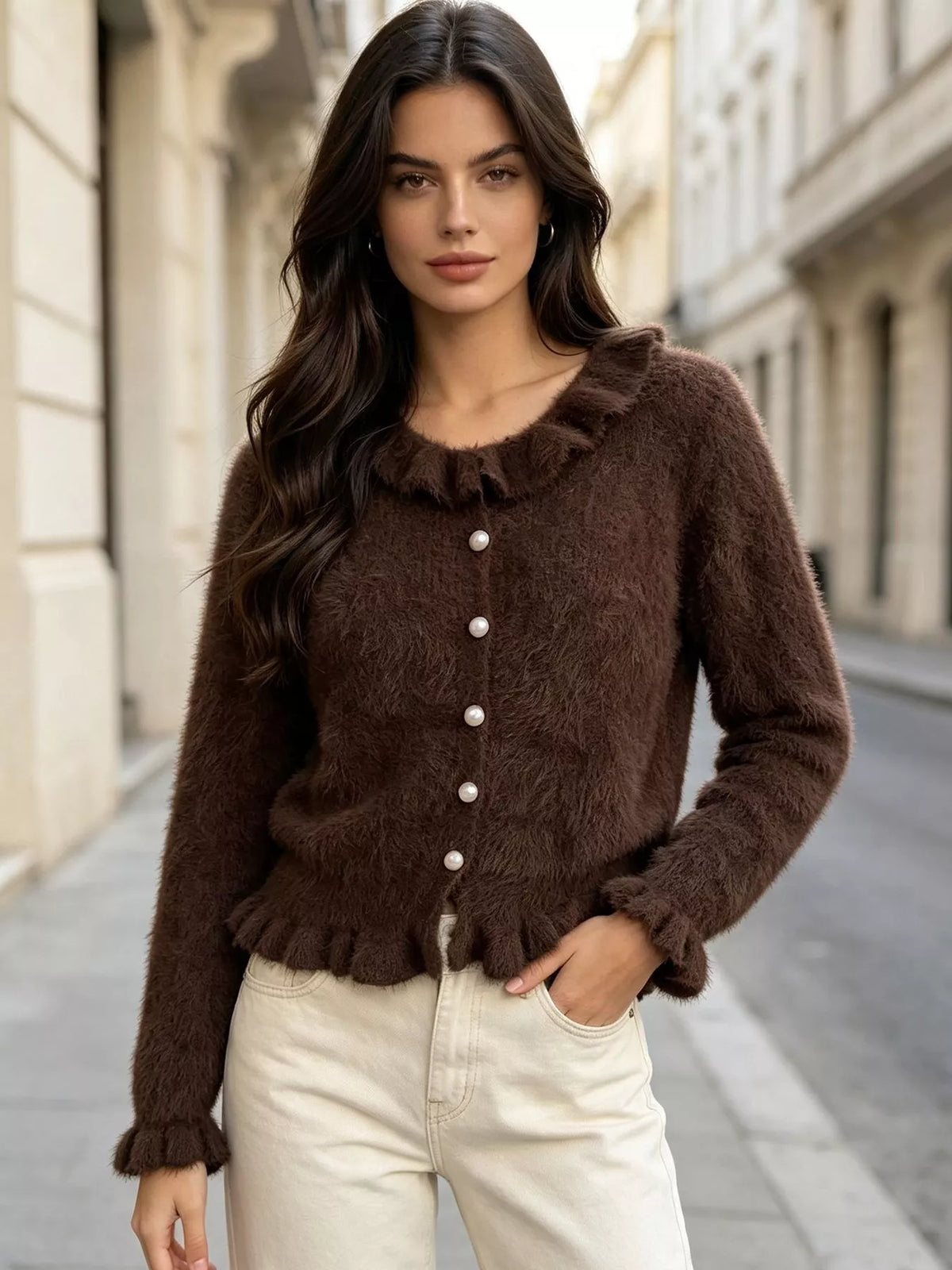 Soft Fuzzy Cardigan with Ruffled Collar and Pearl Buttons