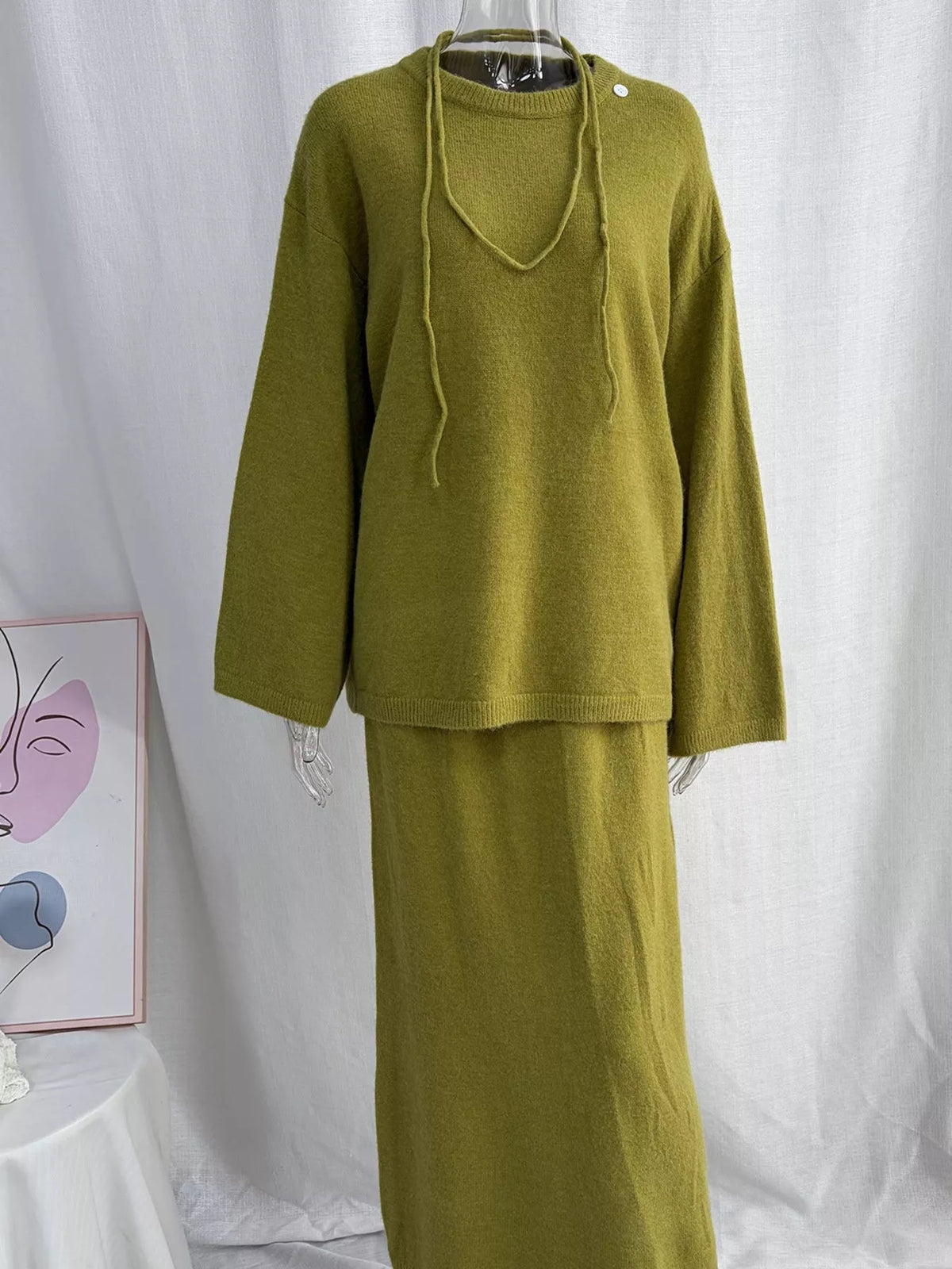 Waist-Tie Detail Sweater and Maxi Skirt Set