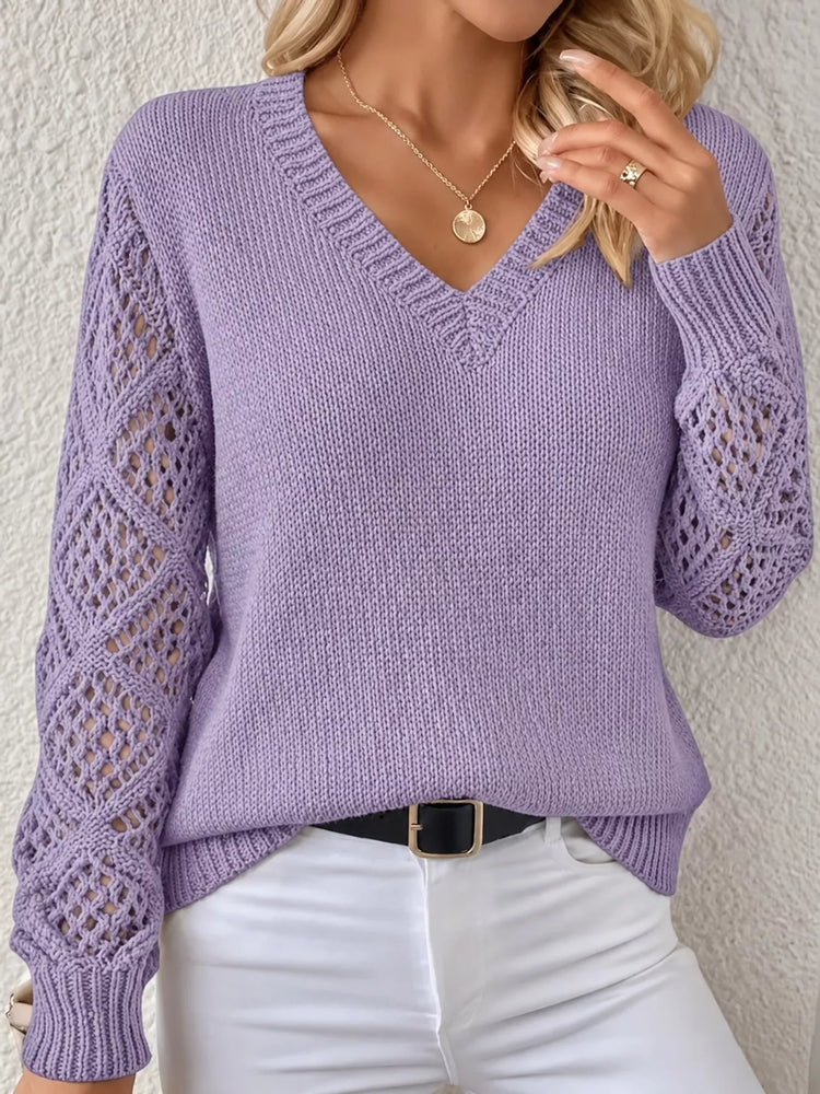 Full Size V-Neck Hollow-Out Long Sleeve Sweater Plus Size