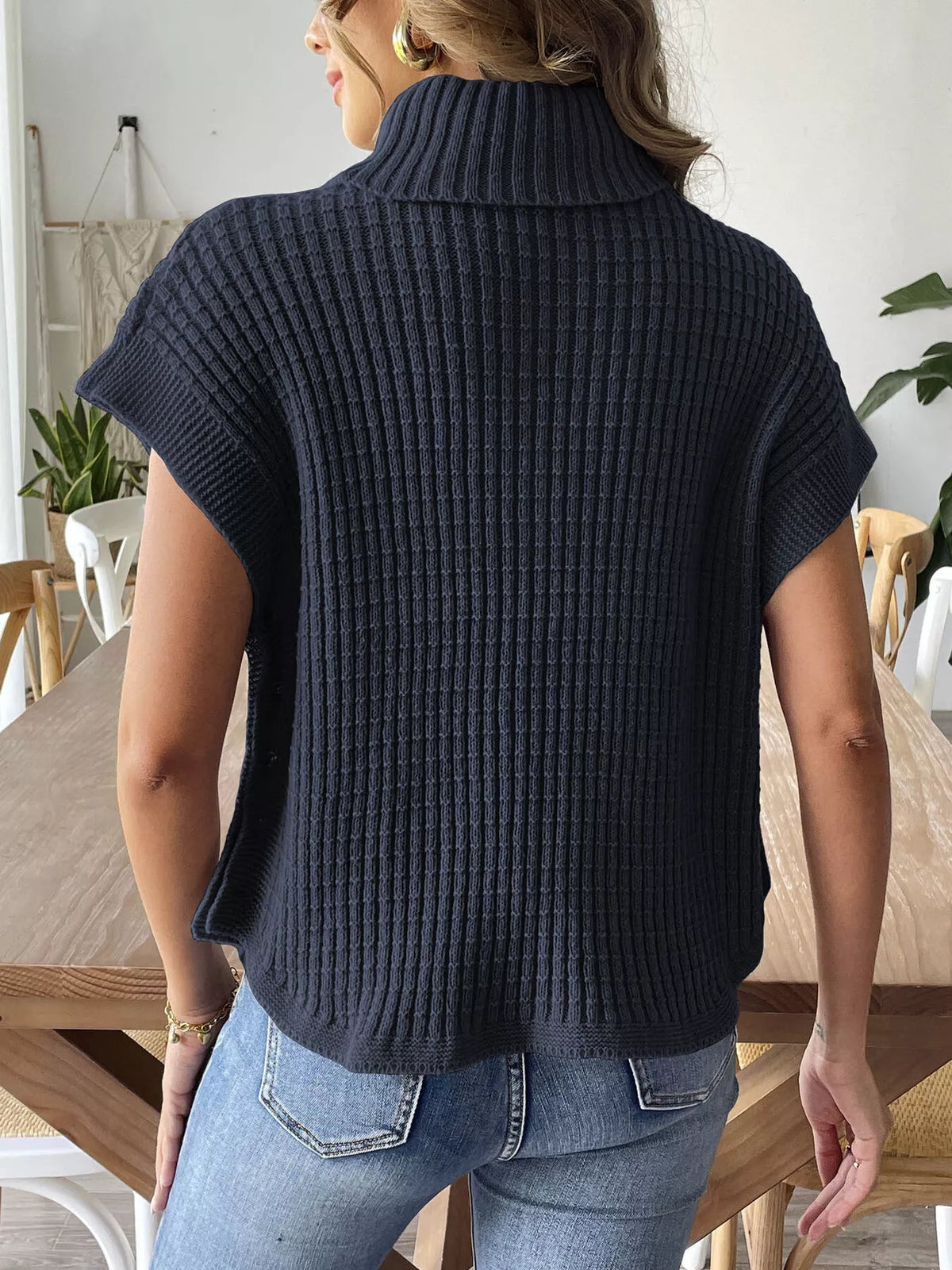 Ribbed Turtleneck Sweater with Side Button Detail