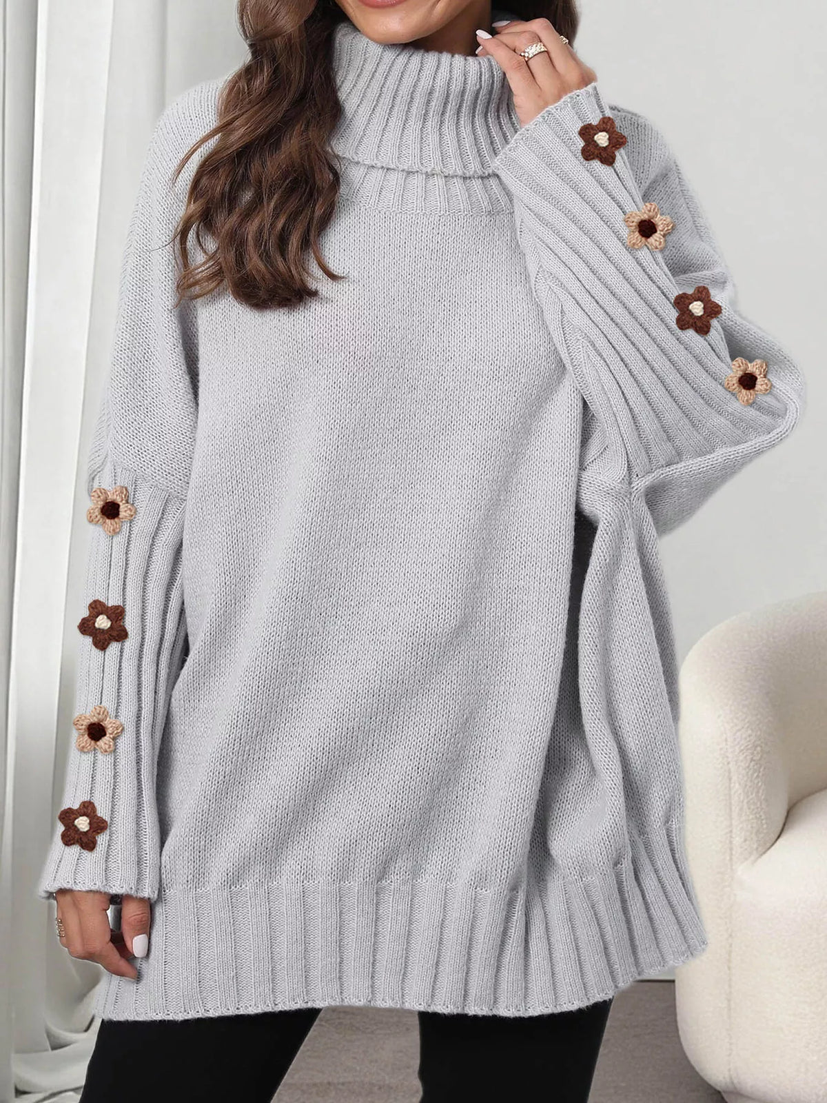 Oversized Turtleneck Sweater with Floral Applique Sleeves