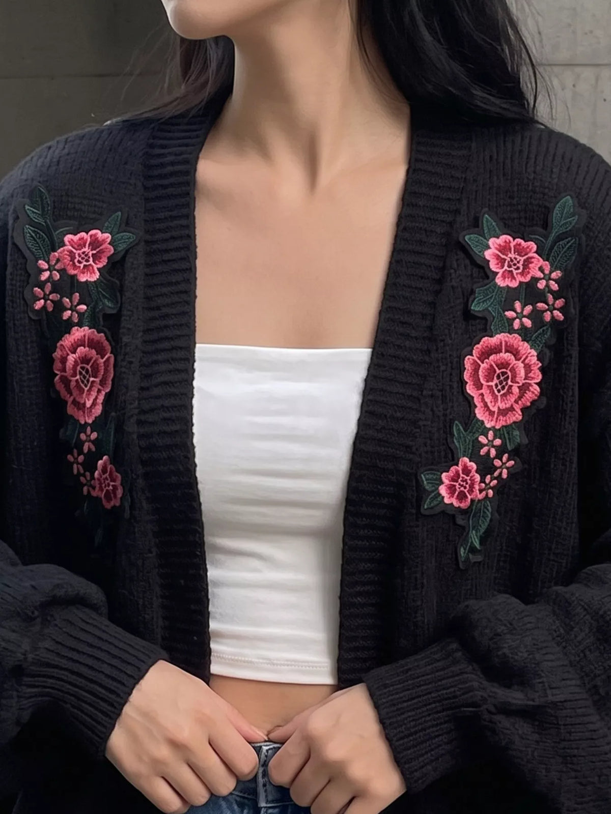 Floral Embroidered Applique Knit Cardigan