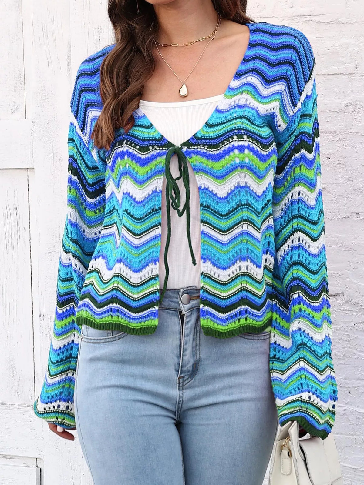 Vibrant Chevron Striped Tie-Front Knit Cardigan