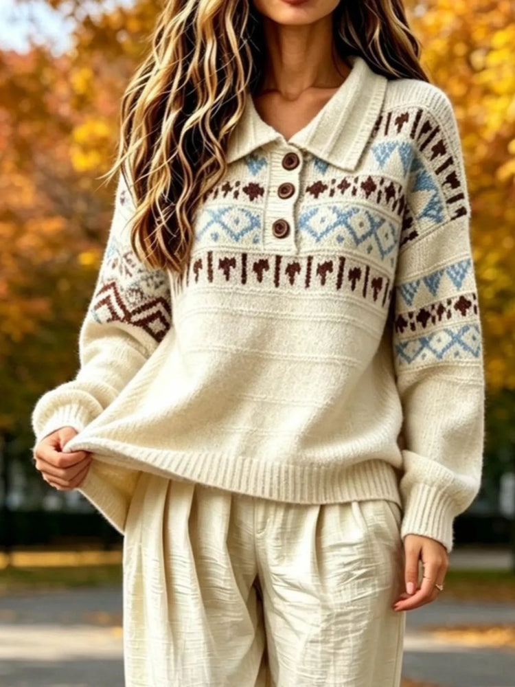Full Size Vintage Fair Isle Pattern Polo Collar Sweater Plus Size