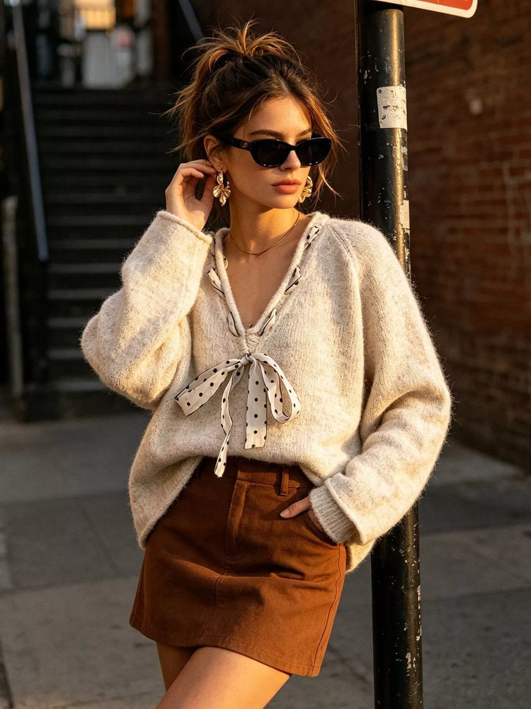 Chic V-Neck Sweater with Polka Dot Ribbon Tie
