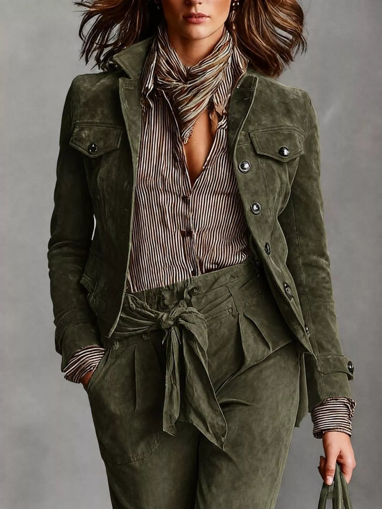 Full Size Suede Utility Blazer with Button-Front Detail Plus Size
