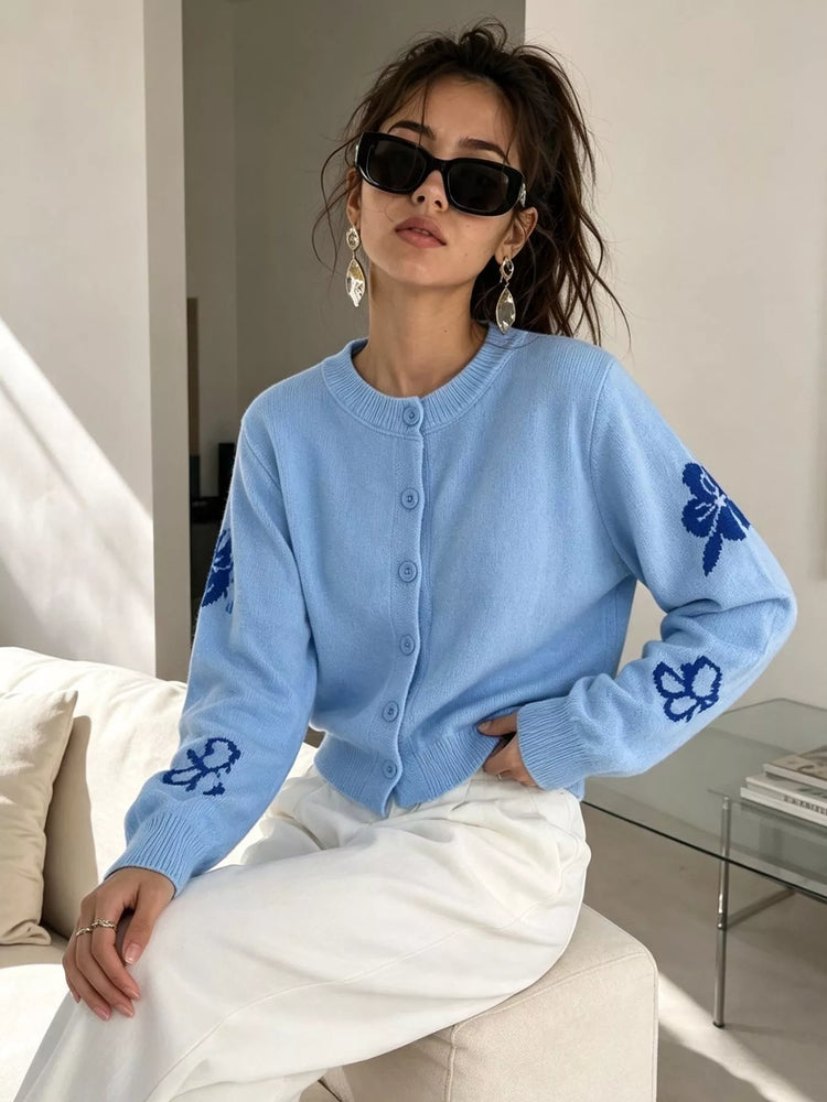 Floral Crew Neck Cropped Knit Cardigan