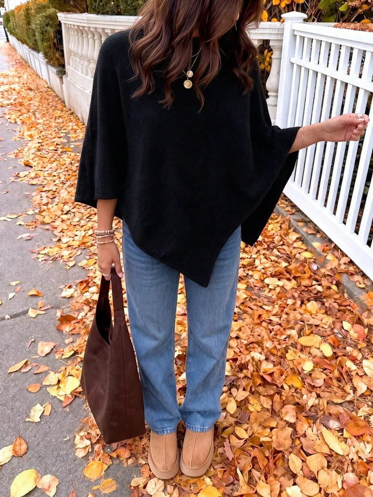 Brushed Loose Shawl Round-Neck Cape Sweater with Bat Sleeves