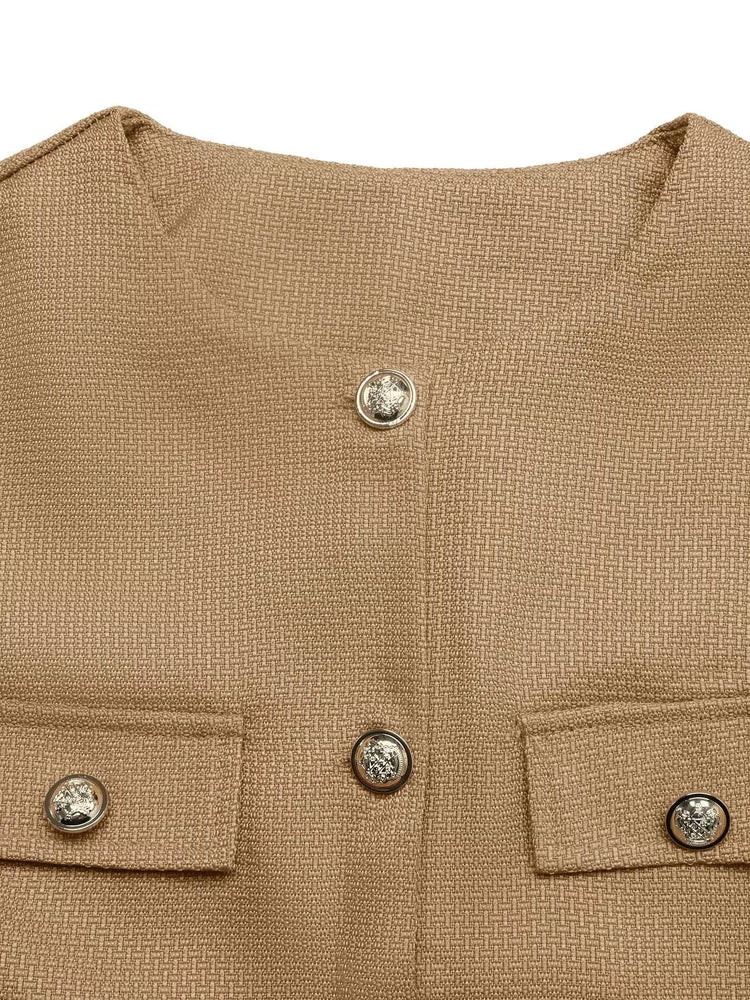 Textured Cropped Jacket with Gold-Tone Button