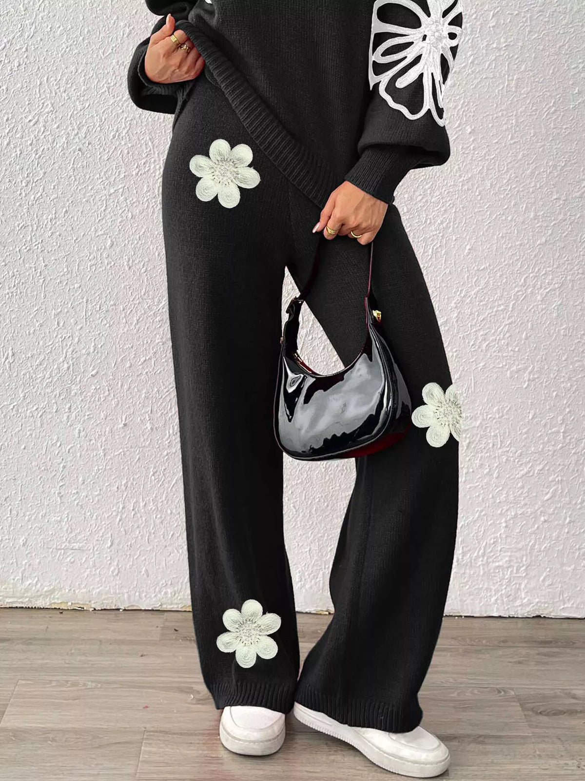 High-Waisted Wide-Leg Sweater Pants with Floral Beaded Decor