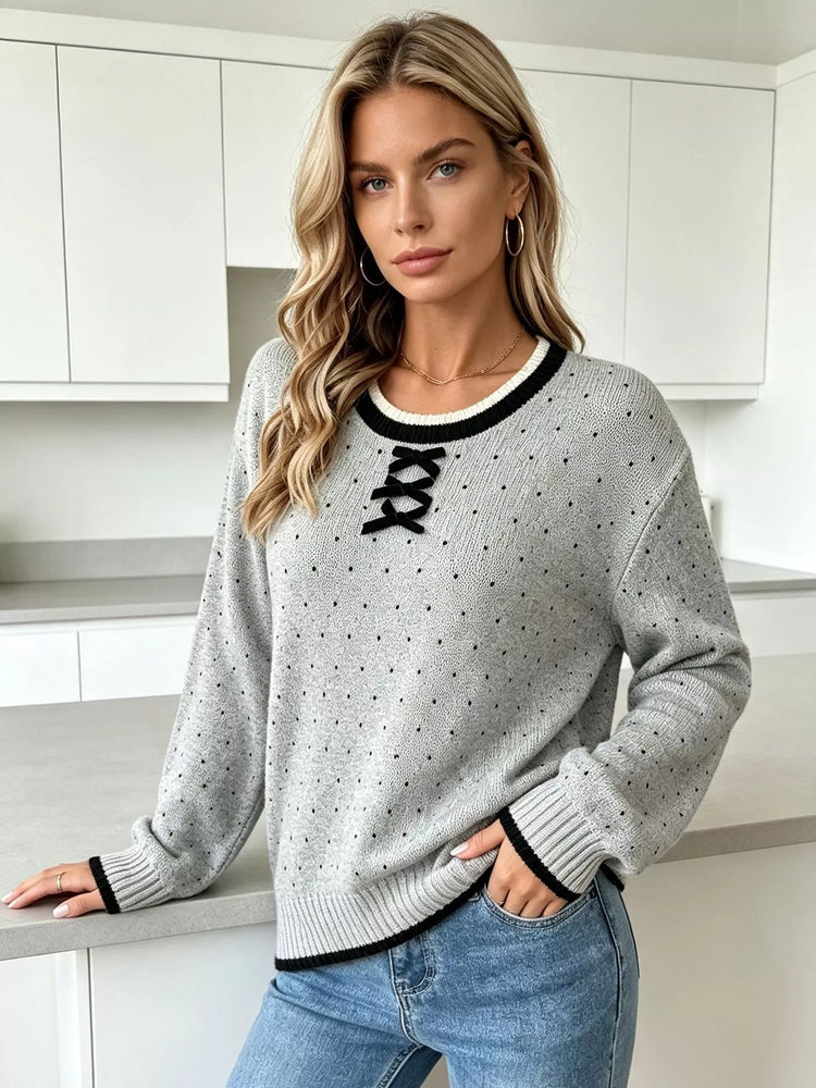 Polka Dot Lace-Up Detail Sweater