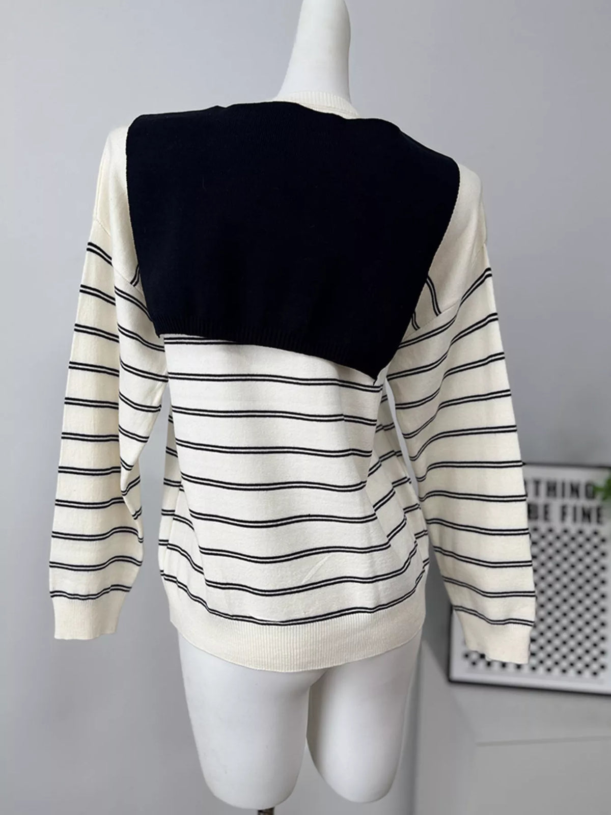 Classic Striped Crewneck Knit Top with Layered Sweater Detail