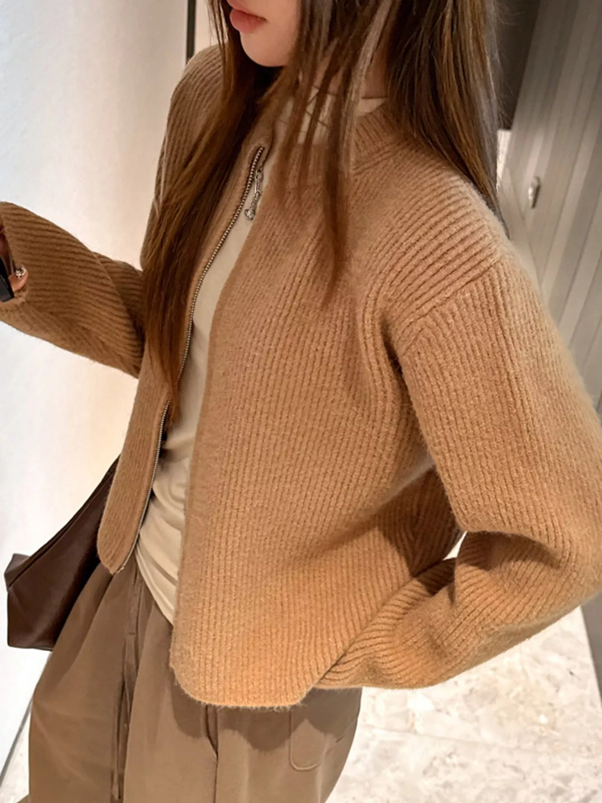 Zip Up Dropped Shoulder Cardigan