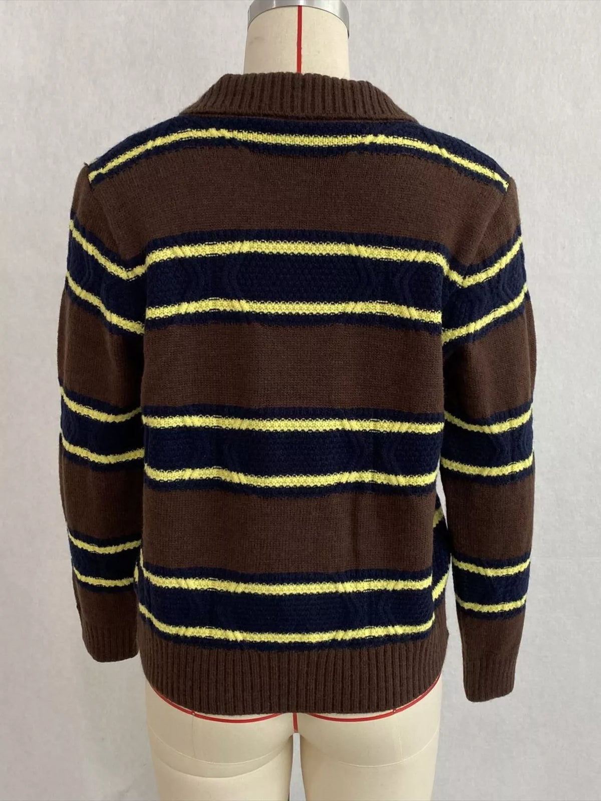 Vintage-Inspired Striped Knit Cardigan with Polo Collar
