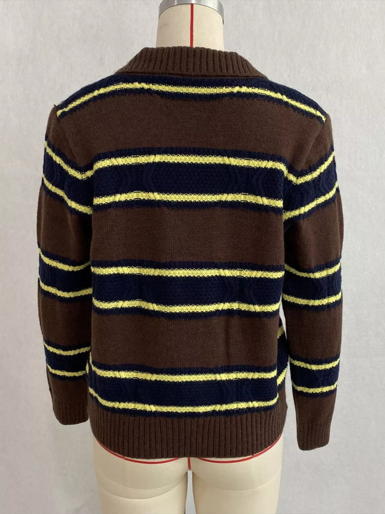 Vintage-Inspired Striped Knit Cardigan with Polo Collar