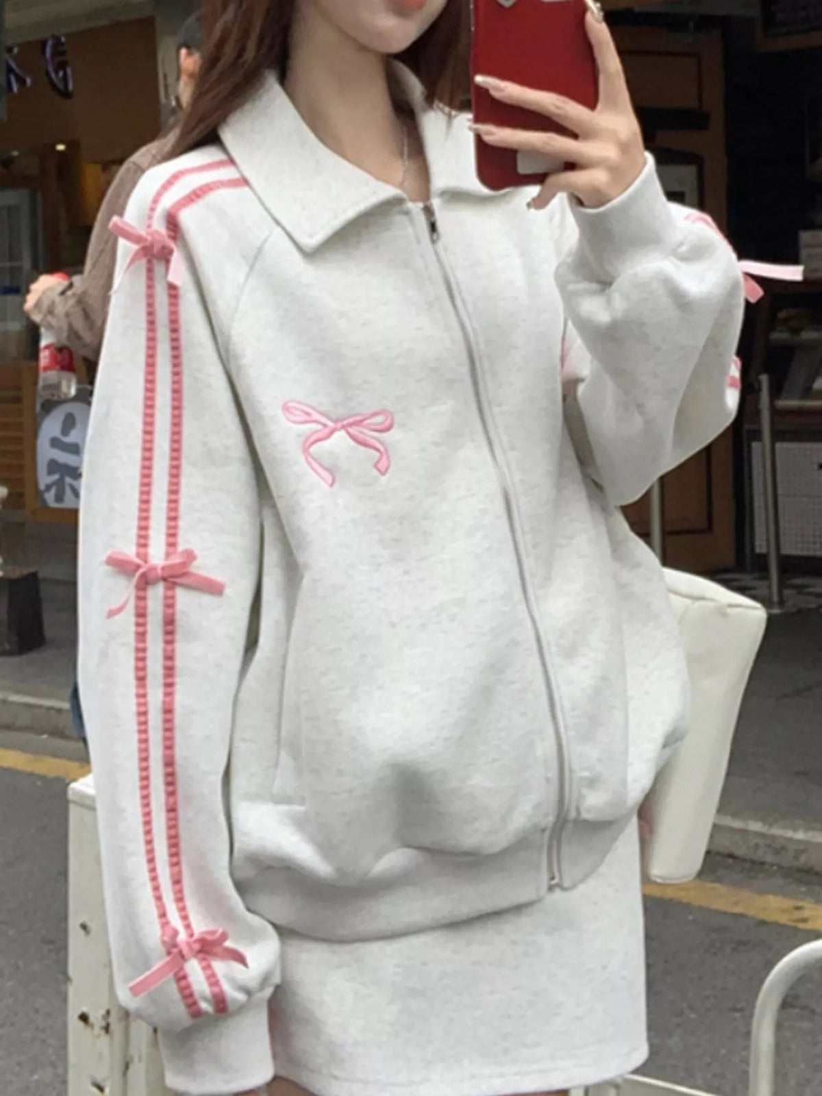 Bow Embroidered Zip-Up Sweatshirt