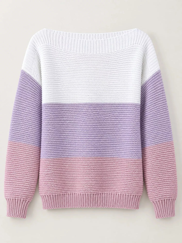 Full Size Color-Block Boat Neck Sweater Plus Size
