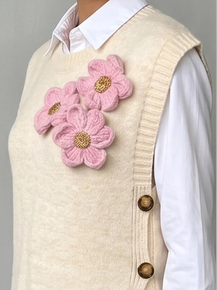 Side Button Sweater Vest with 3D Floral Appliques