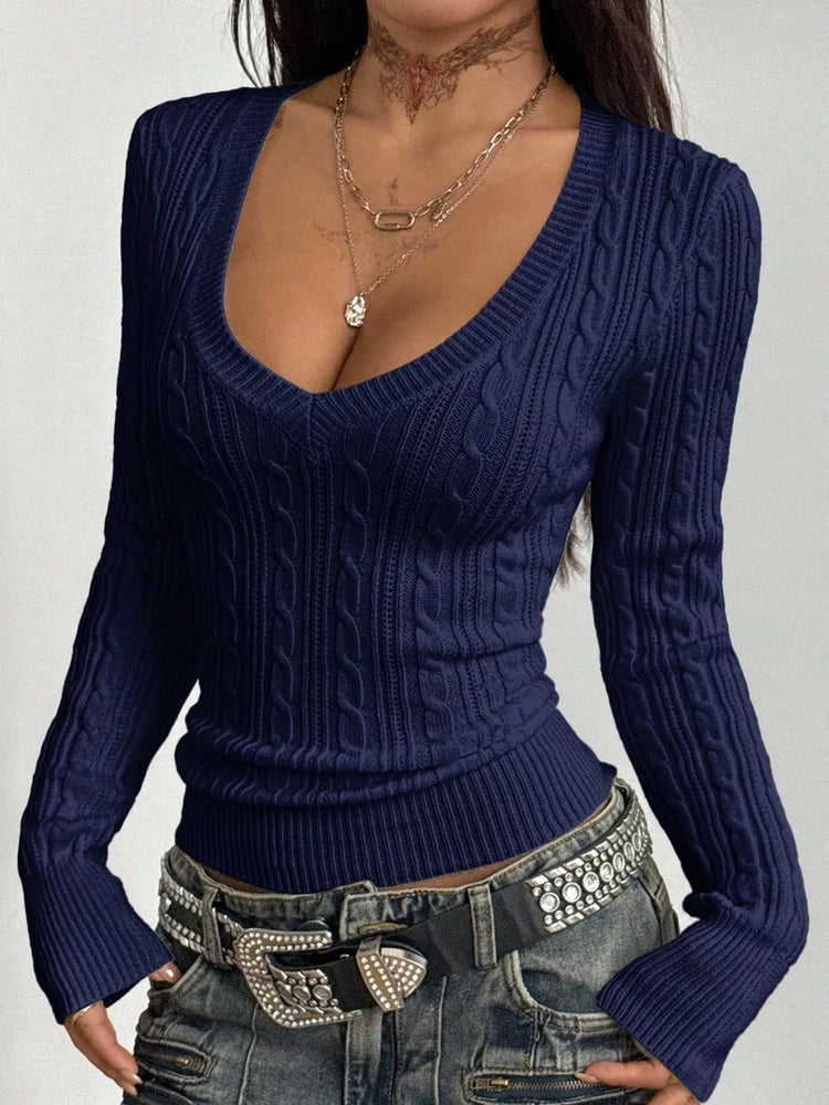 Slim-Fit Deep V-Neck Cable Knit Sweater