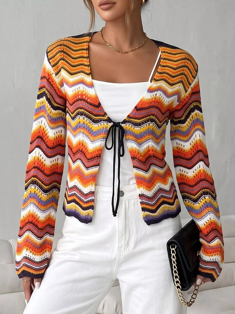 Vibrant Chevron Striped Tie-Front Knit Cardigan